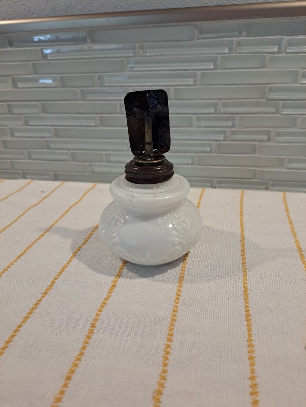 Antique Unique Milk Glass Fleur De Lis Embossed Pattern Miniature Oil Lamp